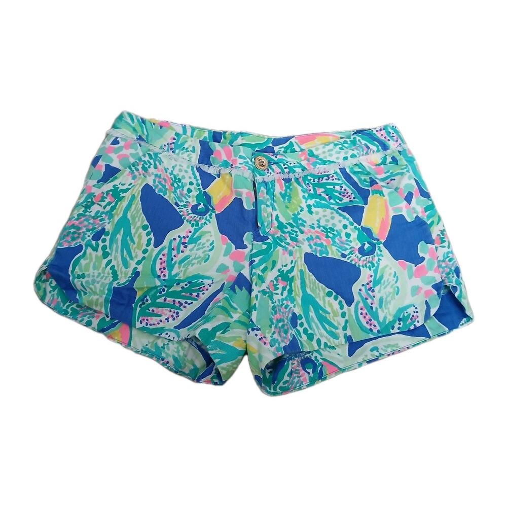 Lilly Pulitzer Beckon Blue Wake Up Call Green Pink Tropical Shorts Size 2 Cotton